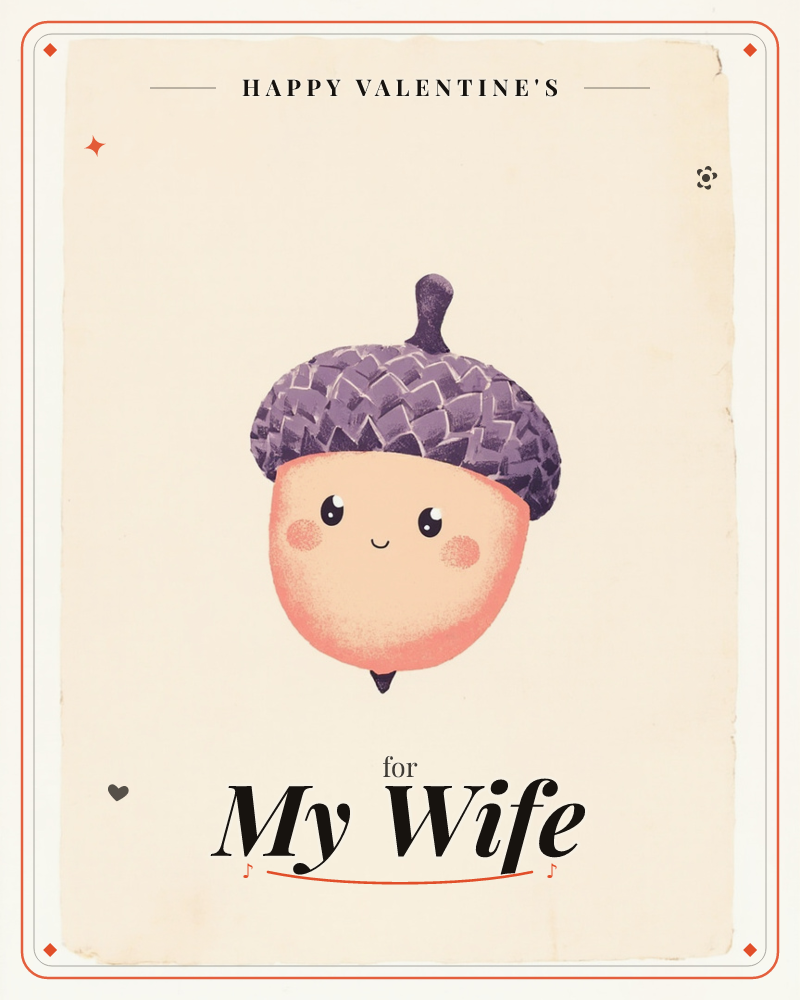 A single cartoon acorn sits centered on a soft cream page, its peach-toned shell topped with a textured plum-purple cap and stem, a valentine e-card design