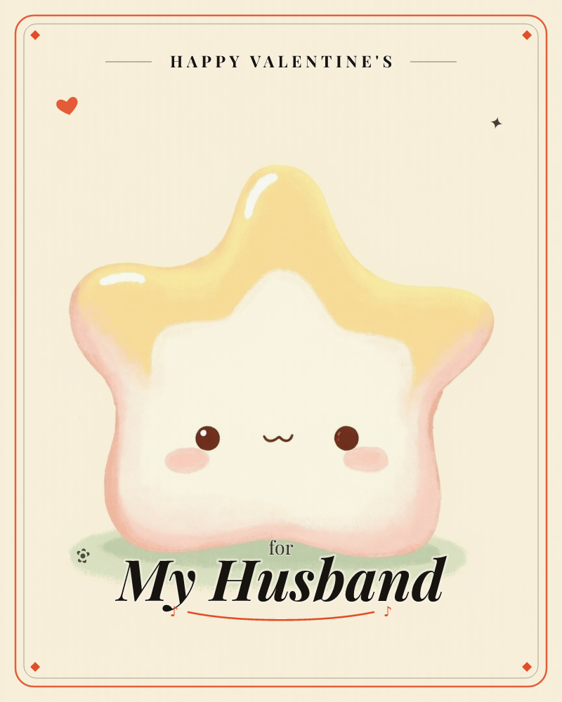 A plump, glossy star-shaped character sits front and centre on a soft cream background, its rounded body glazed in pale yellow with a blushing pink…, a valentine e-card design