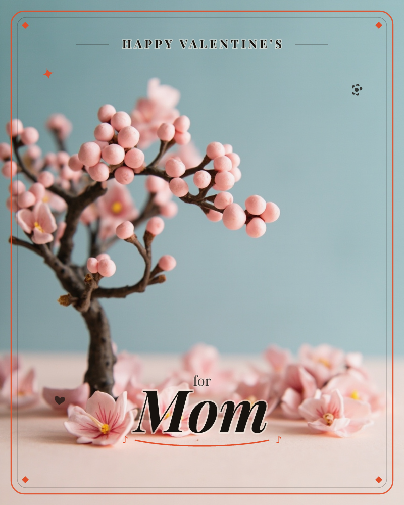 A small sculpted tree with a dark twisting trunk holds round pink bud-like blossoms along its branches, standing on a pale surface scattered with…, a valentine e-card design