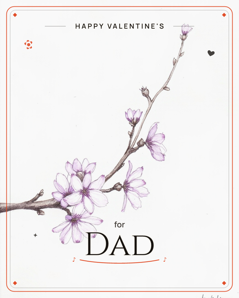 A single blossom branch stretches diagonally across a plain white page, its slender brown stems dotted with buds and clusters of pale lilac flowers…, a valentine e-card design