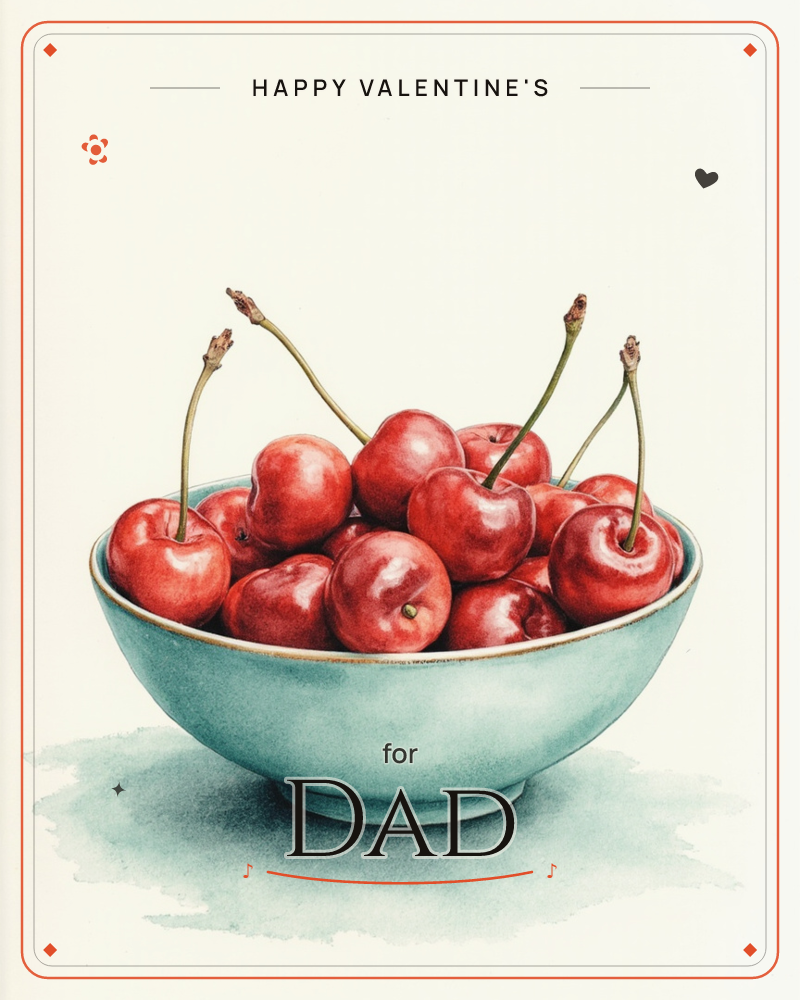 A pale blue-green ceramic bowl sits heaped with glossy red cherries, their curling stems arching upward in loose disarray, a valentine e-card design
