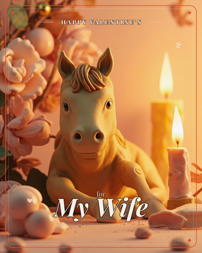 A sculpted golden horse figurine rests on its front legs beside soft pink roses and two glowing candles, its mane rendered in warm carved ridges, a valentine e-card design