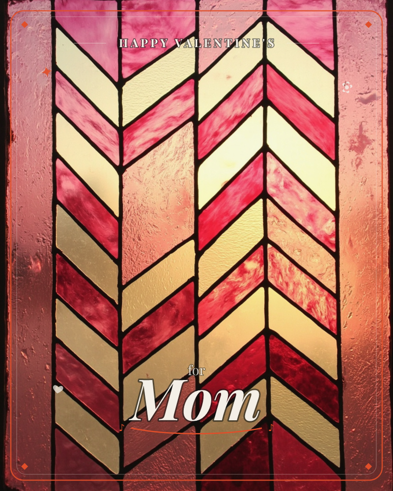 A stained-glass panel glows with chevron stripes of pink, crimson, and creamy gold, each shard framed in bold black lead lines, a valentine e-card design