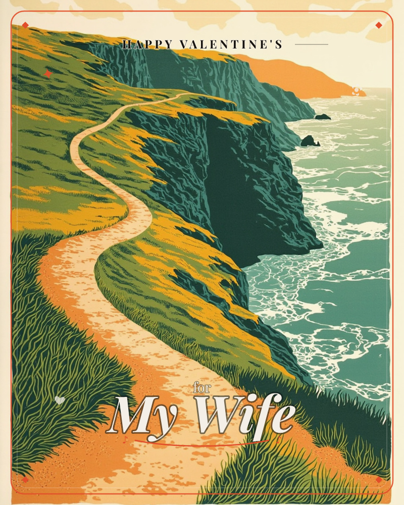 A sandy path winds down a grassy clifftop toward a teal sea breaking white against rocky headlands, a valentine e-card design