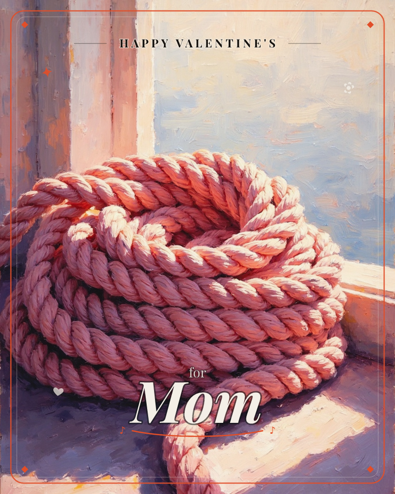 A thick coil of rope sits in a sunlit doorway or window ledge, its twisted strands painted in warm rose and terracotta tones against a soft blue-grey wall, a valentine e-card design