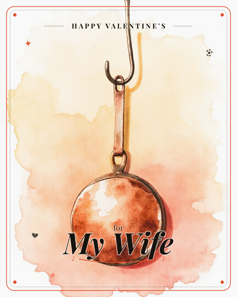 A single copper skillet hangs from a dark metal hook against a soft, cloudy wash of amber and coral watercolour, a valentine e-card design