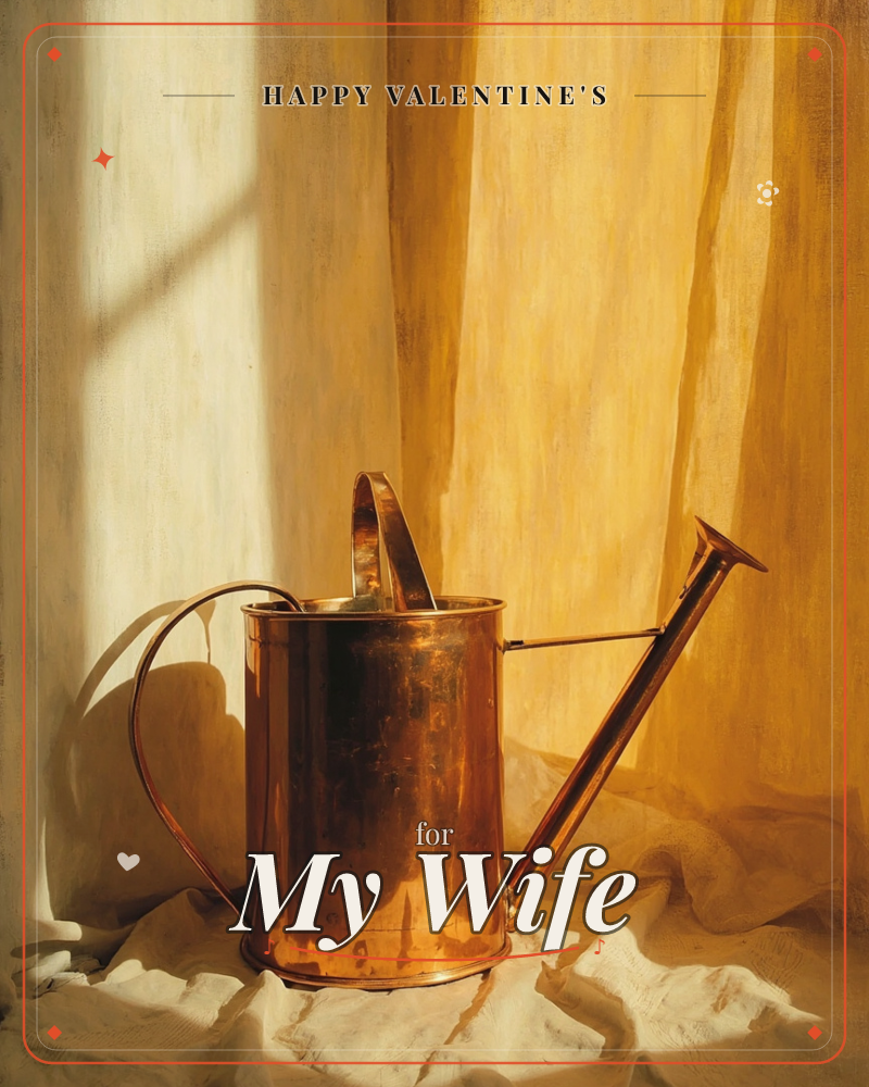 A polished copper watering can sits in a pool of warm sunlight, its curved handle and long spout catching bright highlights against a backdrop of…, a valentine e-card design