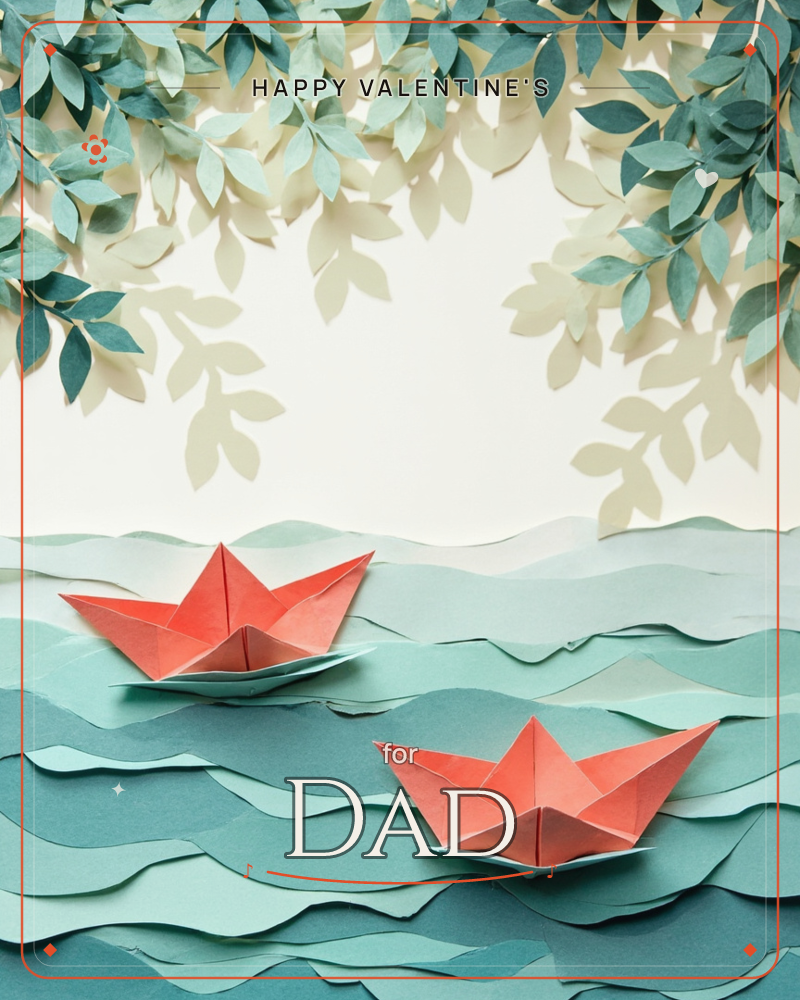 Two coral-red paper origami boats float on layered teal paper waves, cut and shaped to look like gentle ripples, a valentine e-card design