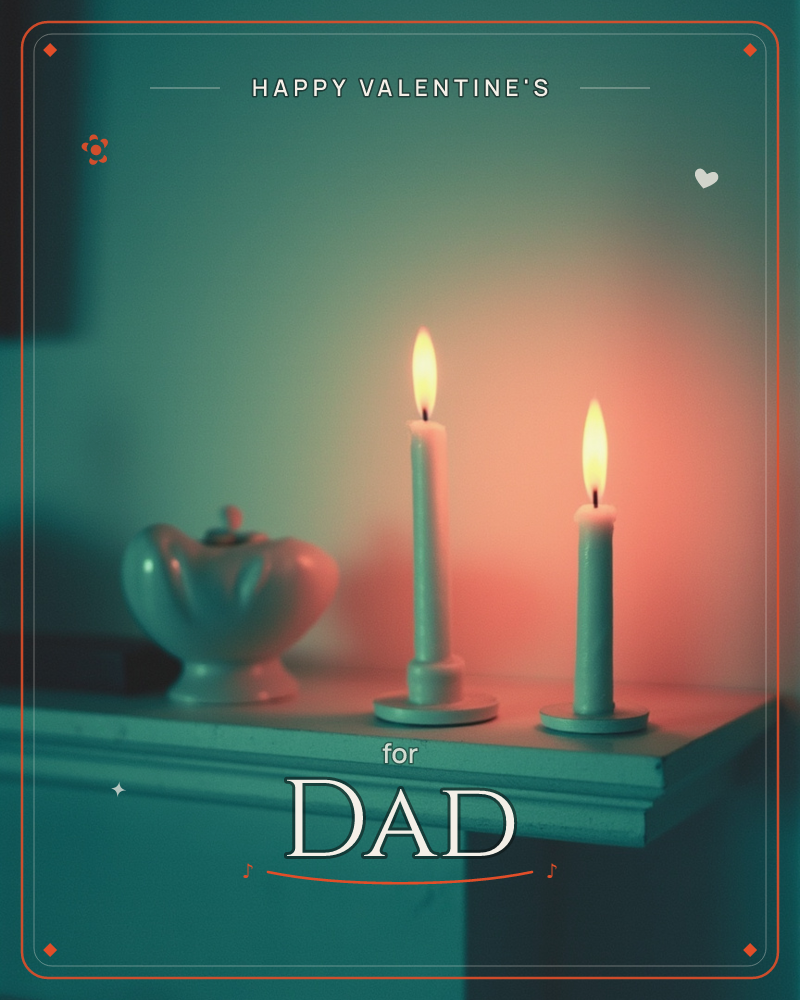 Two small taper candles burn on a wooden mantelpiece beside a curved ceramic pot, their flames casting a warm coral glow against a hazy teal-lit wall, a valentine e-card design