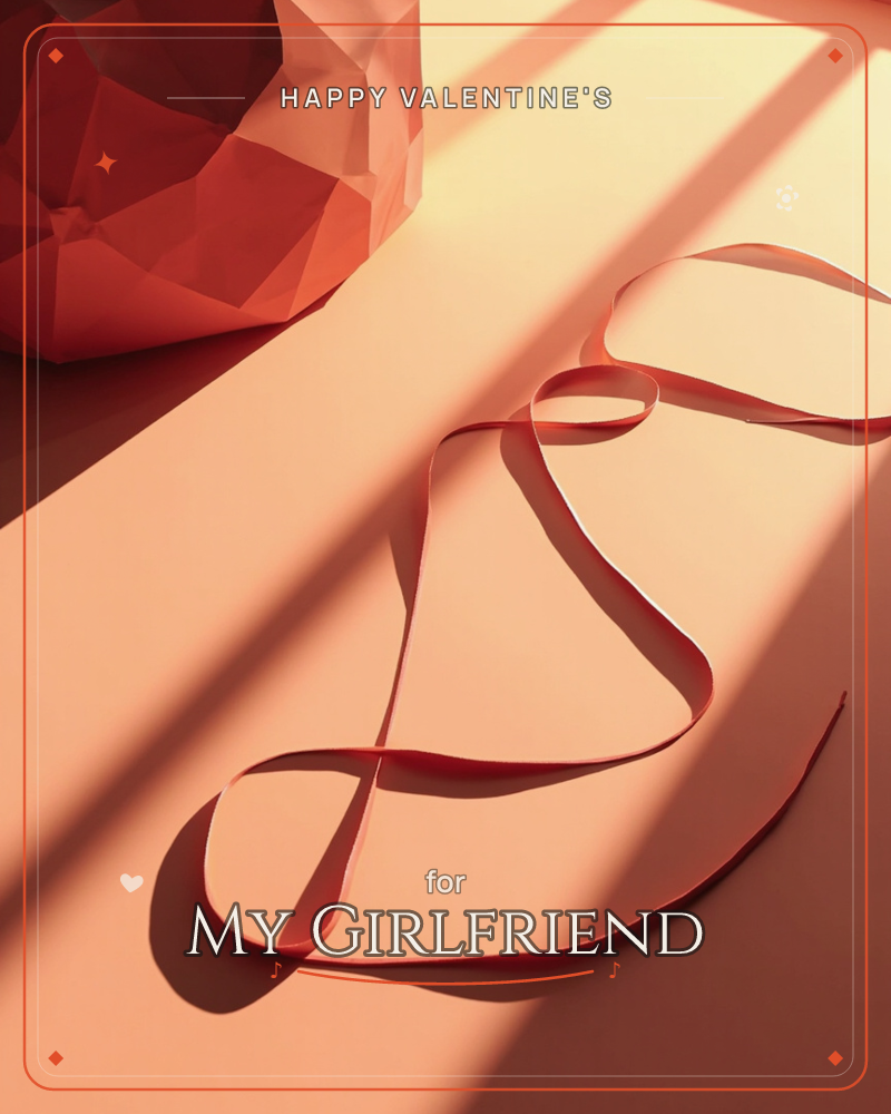 A curling coral ribbon loops and crosses itself across a warm peach surface, catching a sharp diagonal beam of light, a valentine e-card design