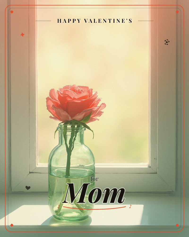 A single coral-pink rose stands in a small glass jar of water, set on a windowsill against soft, hazy daylight, a valentine e-card design