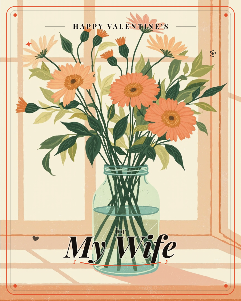 A glass jar of gerbera daisies and small orange blooms sits on a sunlit windowsill, dark green stems visible through the water, a valentine e-card design