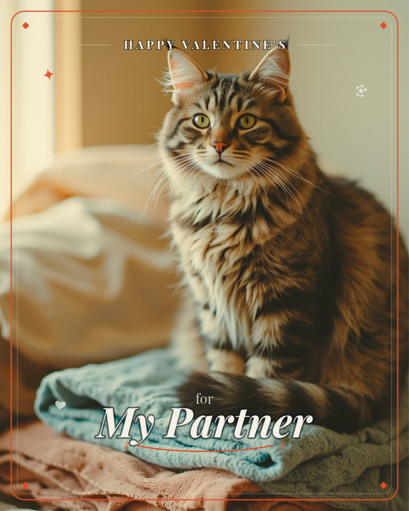 A fluffy tabby cat with tufted ears and a plush striped tail sits upright on a folded stack of soft towels, gazing calmly at the camera, a valentine e-card design