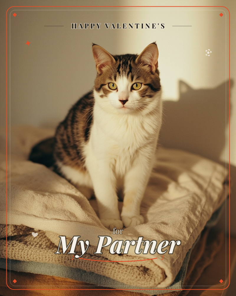 A tabby-and-white cat sits upright on a rumpled cream blanket, caught in a warm shaft of late afternoon light that throws its sharp-eared silhouette…, a valentine e-card design
