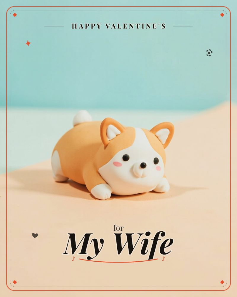 A pudgy clay-look corgi with rosy cheeks and a stubby tail lies flat on a peach-toned surface, set against a soft turquoise backdrop, a valentine e-card design