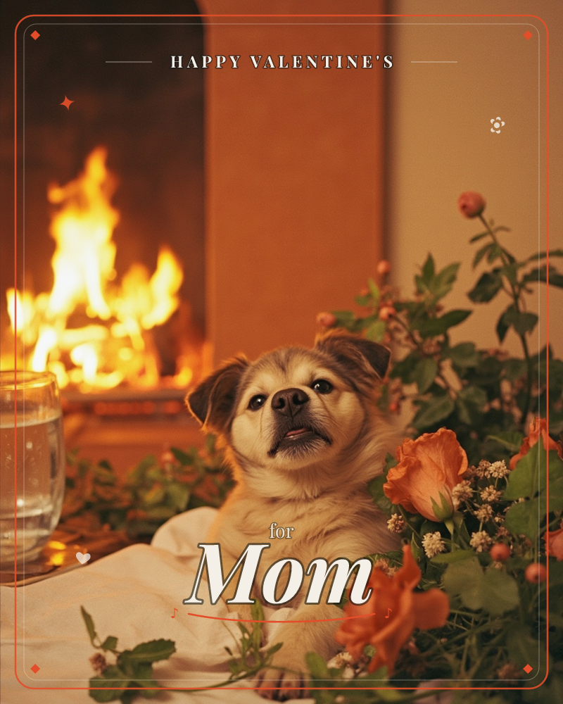 A small tan-and-cream puppy rests on a white cloth beside a bouquet of orange roses, with a glowing fireplace blazing softly in the background, a valentine e-card design