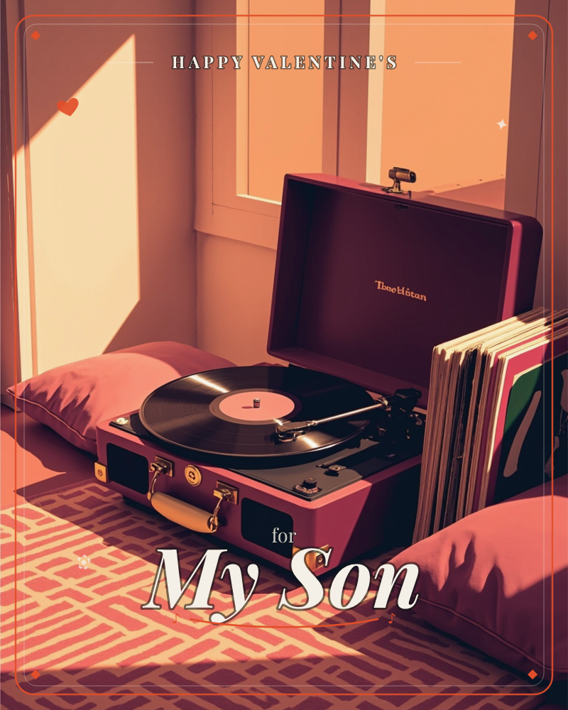 A vintage suitcase record player sits open on the floor, spinning a black vinyl in warm late-afternoon light, a valentine e-card design