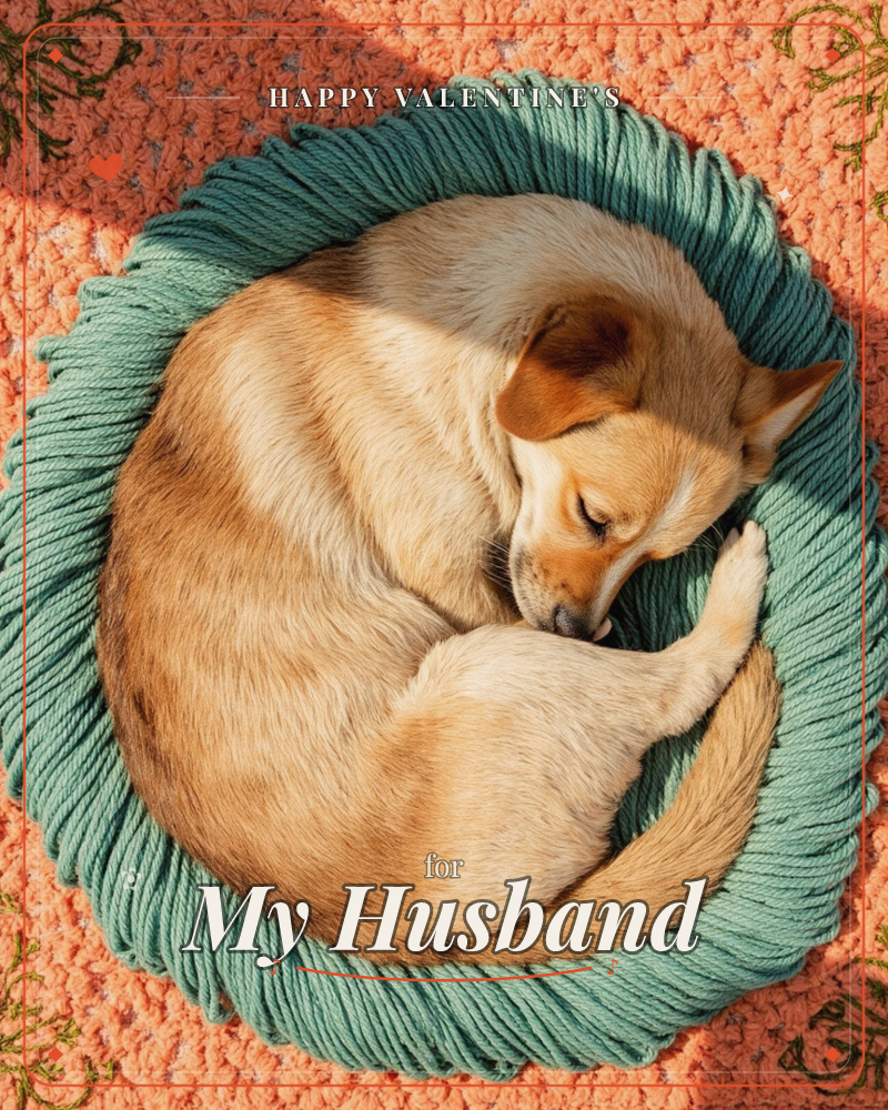 A tan and white dog is curled up nose to tail asleep in a round teal woven rope basket, photographed from directly above, a valentine e-card design