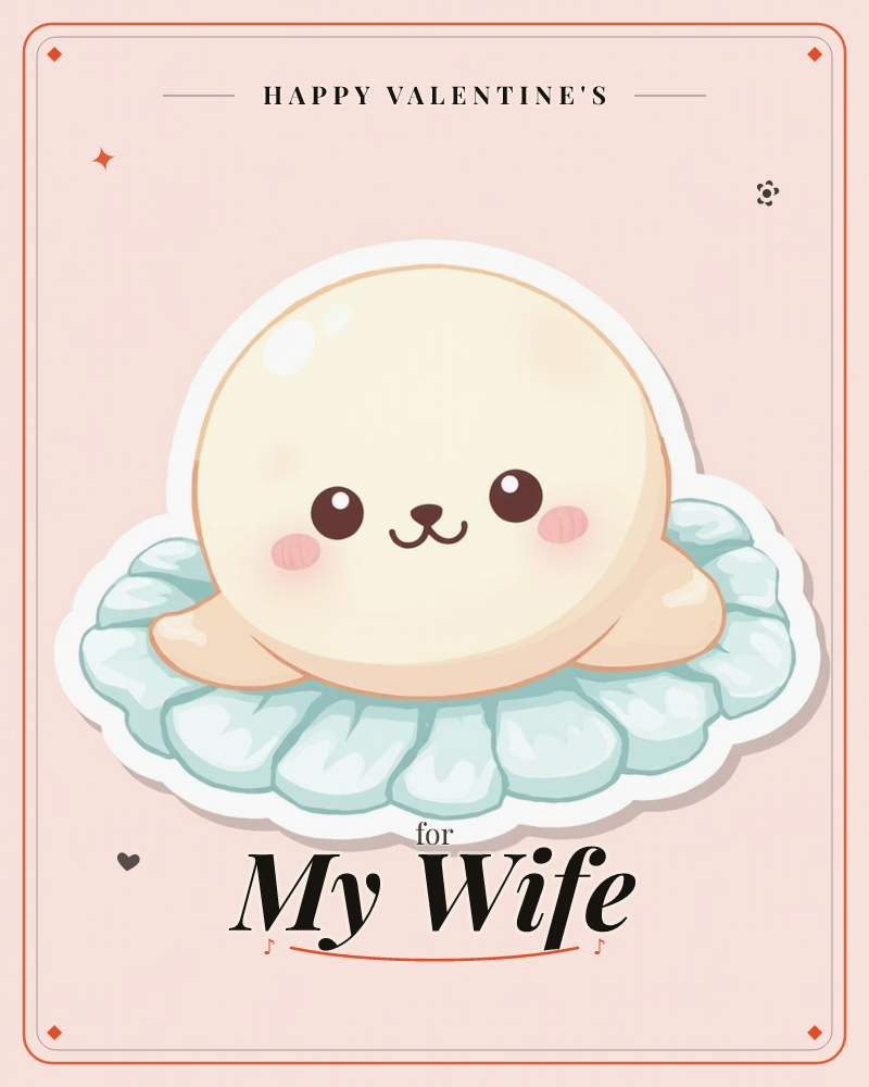 A round, cream-coloured character with a sweet blushing face rests atop a frilly, scalloped mint-green base that looks like a soft collar or ruffled base, a valentine e-card design
