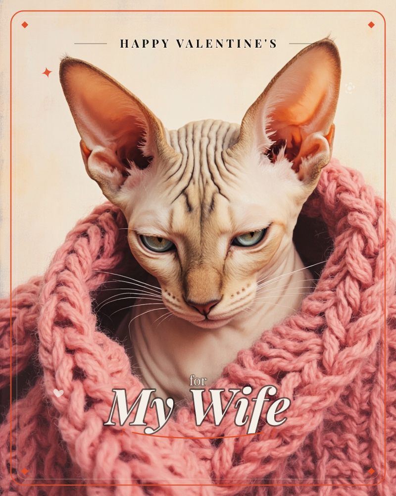 A hairless Sphynx cat gazes out with a wrinkled brow and large translucent ears, wrapped snugly in a chunky pink knit scarf, a valentine e-card design