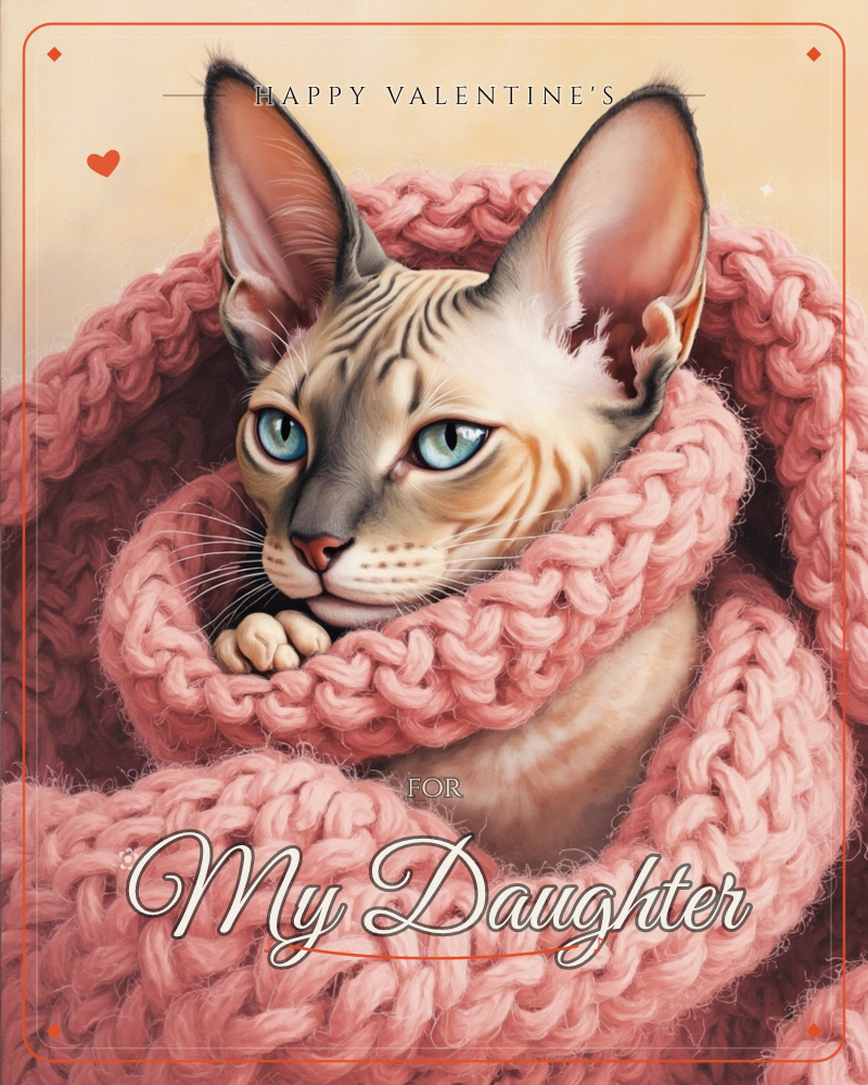 A sphynx-type cat with large ears and pale blue eyes peers out from a thick, chunky-knit pink blanket wrapped snugly around its body, a valentine e-card design
