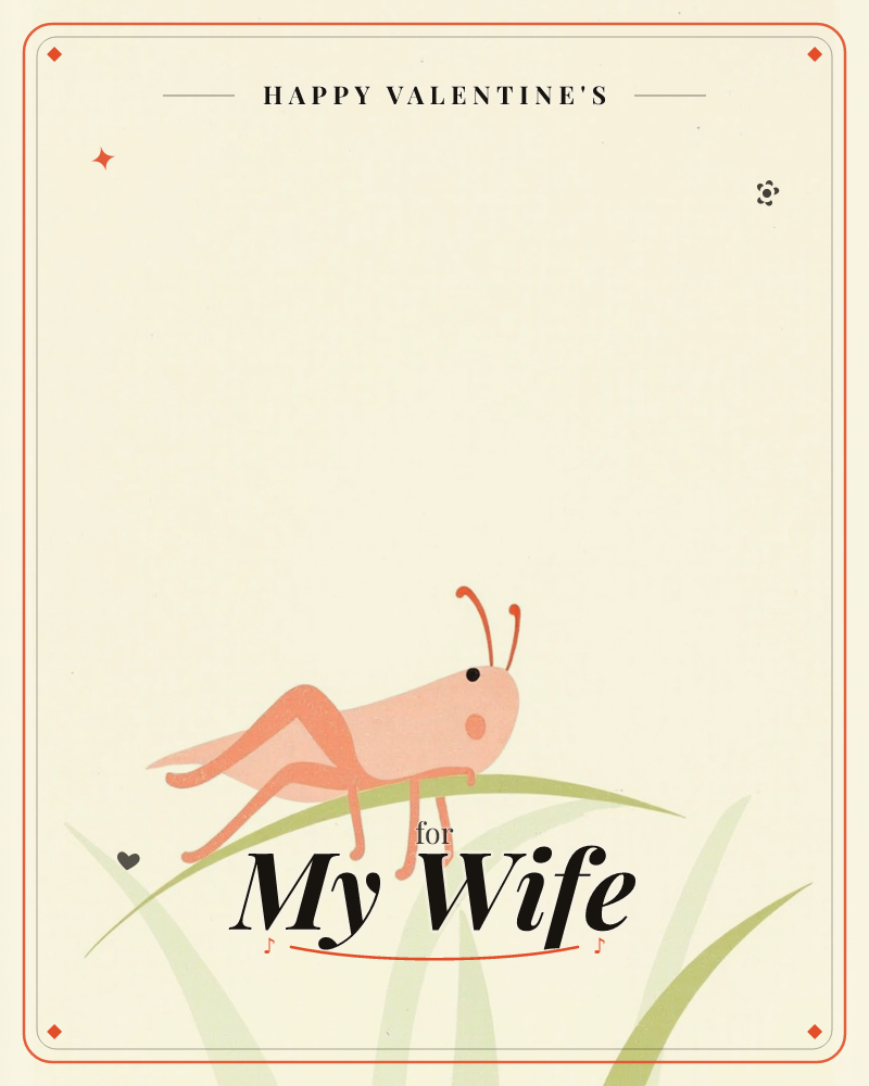 A single coral-pink grasshopper perches on a blade of pale green grass near the bottom of a cream-colored page, a valentine e-card design