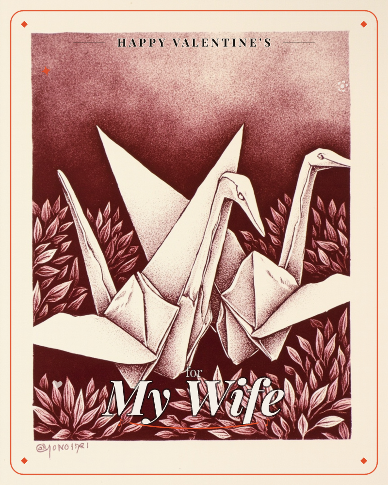 Two folded paper cranes stand together against a deep crimson sky, their sharp creases rendered in fine stippled detail, surrounded by dense leafy…, a valentine e-card design