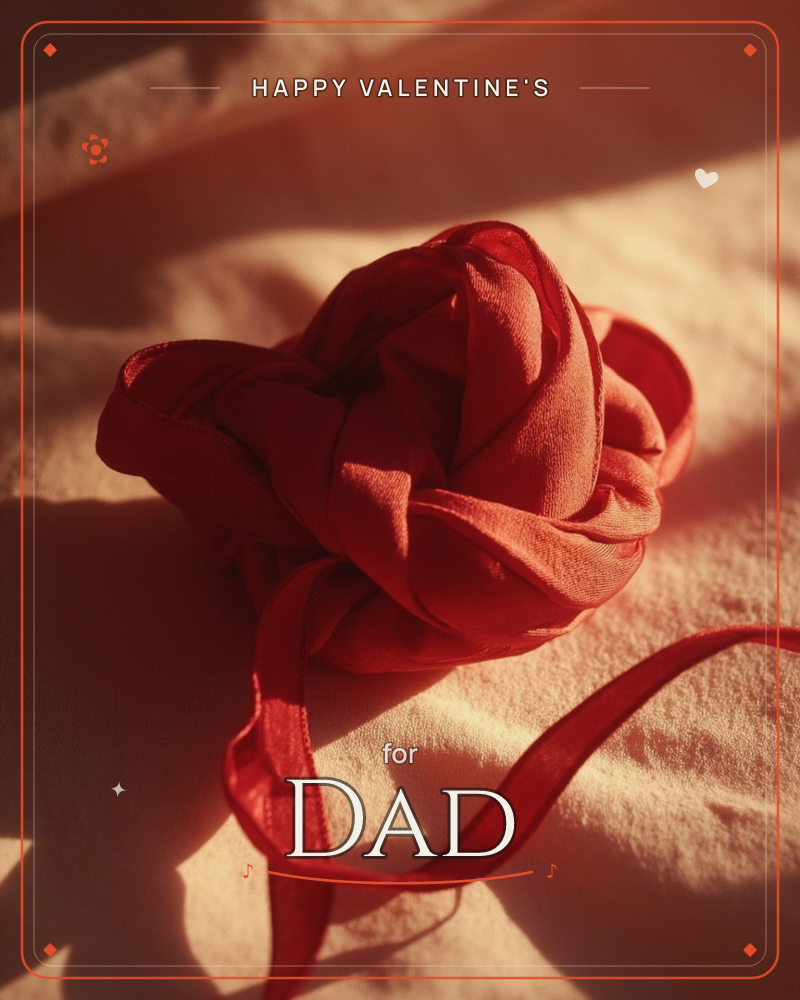 A close-up photograph of a red silk ribbon twisted and knotted into the shape of a rose, resting on a pale pink fabric surface, a valentine e-card design