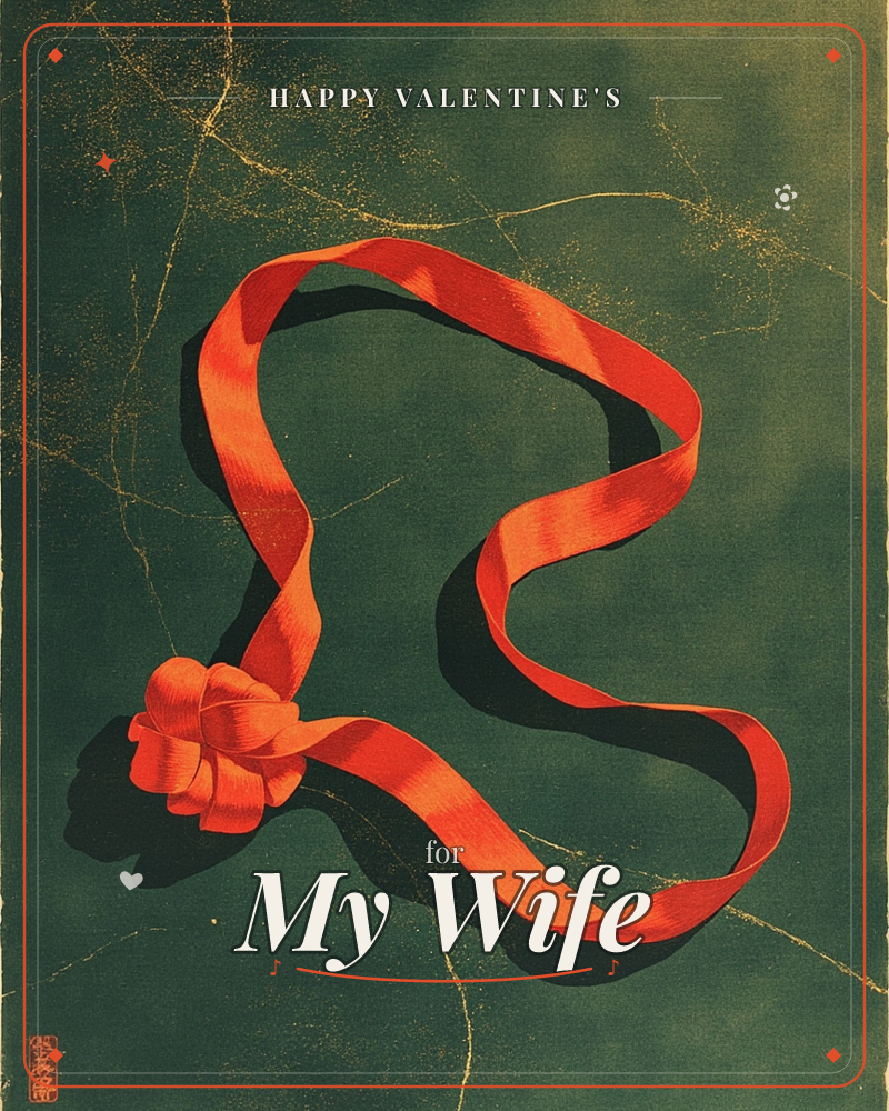 A single loop of red-orange ribbon curls and folds across a deep forest-green background cracked with fine gold veins, gathered at its base into a…, a valentine e-card design