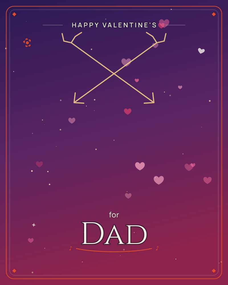 A deep purple-to-pink night sky glows like dusk falling into midnight, with two golden arrows crossing in an X shape at the top, a valentine e-card design by @DittyCityTeam