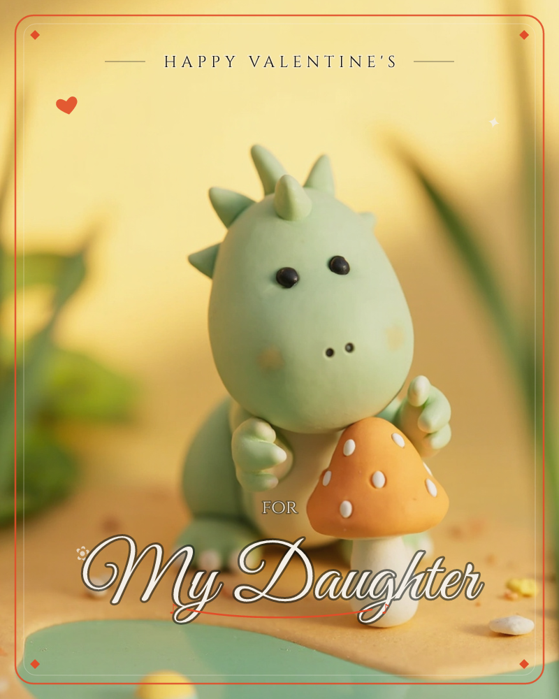 A tiny clay dinosaur with rounded spikes and rosy cheeks sits beside a spotted orange toadstool, its little arms resting near the mushroom cap, a valentine e-card design