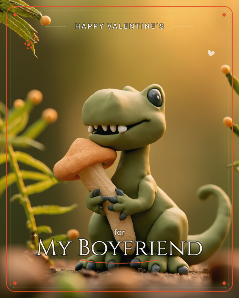 A claw-shaped clay dinosaur sits on soft earth, gripping a mushroom in both little hands and grinning with its stubby teeth, a valentine e-card design