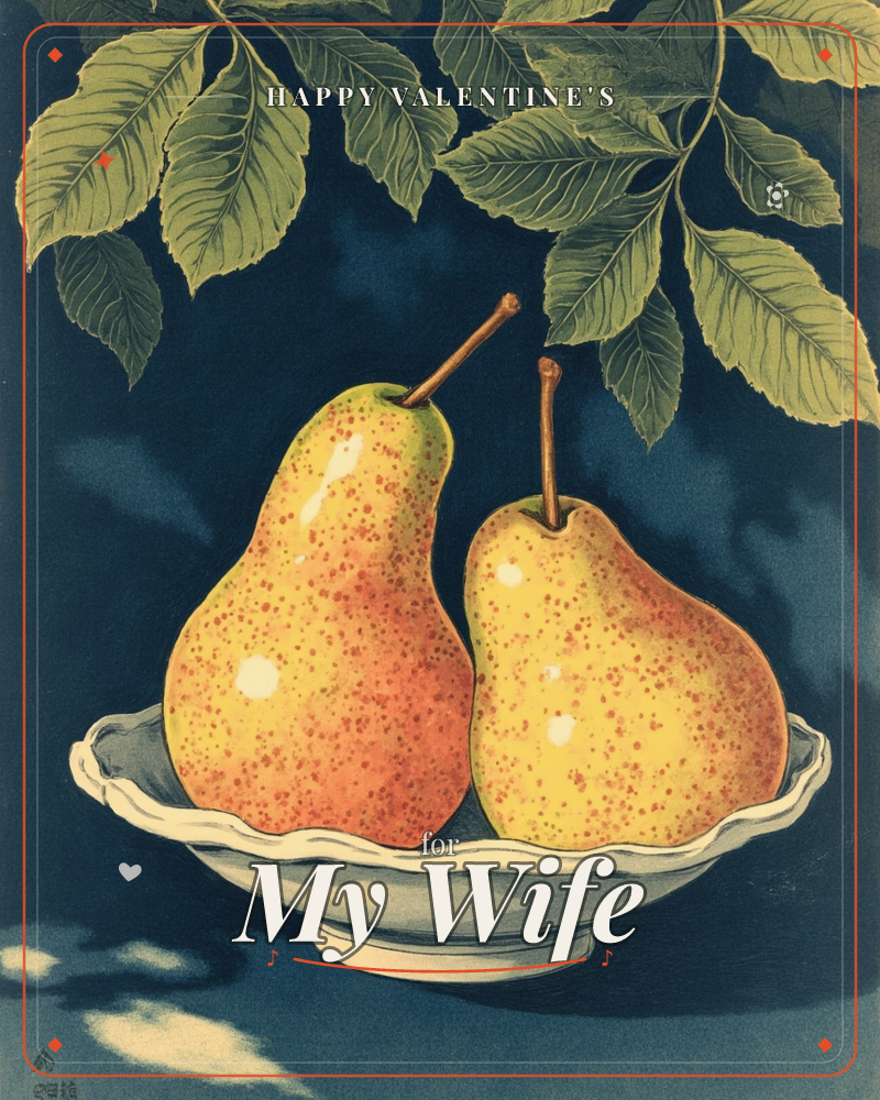 Two speckled yellow-orange pears sit together in a scalloped white bowl, set against a deep navy background beneath overhanging leafy branches, a valentine e-card design
