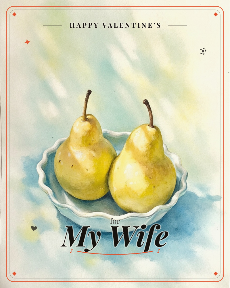 Two ripe yellow pears sit side by side in a white scalloped-edge dish, their skins dappled with soft light and faint freckled spots, a valentine e-card design