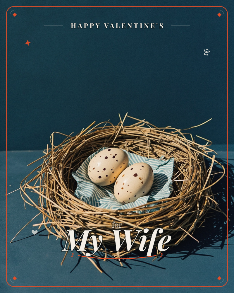 A woven straw nest sits against a deep teal-blue backdrop, holding two speckled cream eggs nestled on a small striped cloth, a valentine e-card design