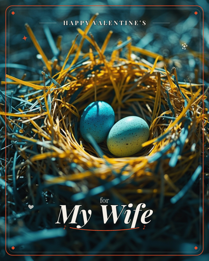 A close-up photograph of a woven straw nest holding two speckled eggs, one blue and one pale yellow, cradled together at its centre, a valentine e-card design
