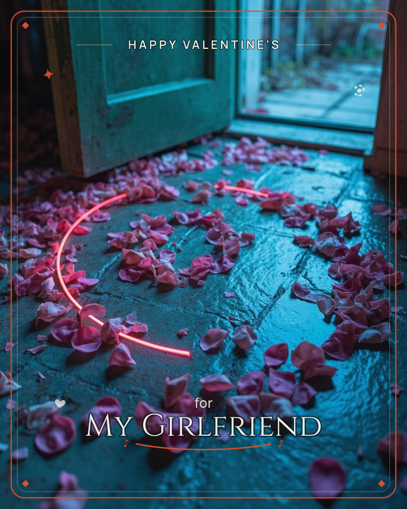 A weathered teal door stands open onto a stone-tiled floor scattered with pink and magenta petals, lit in cool blue tones, a valentine e-card design
