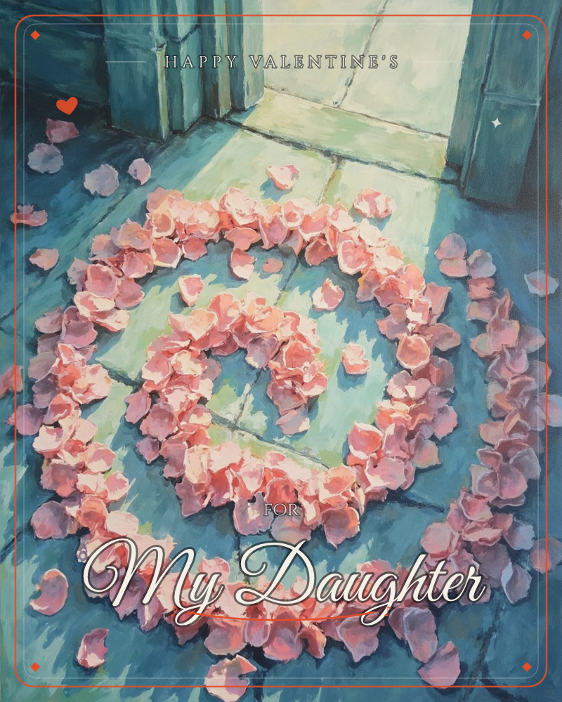 A spiral of pink rose petals winds across a stone floor just inside an open teal doorway, catching a wedge of pale light spilling in from outside, a valentine e-card design