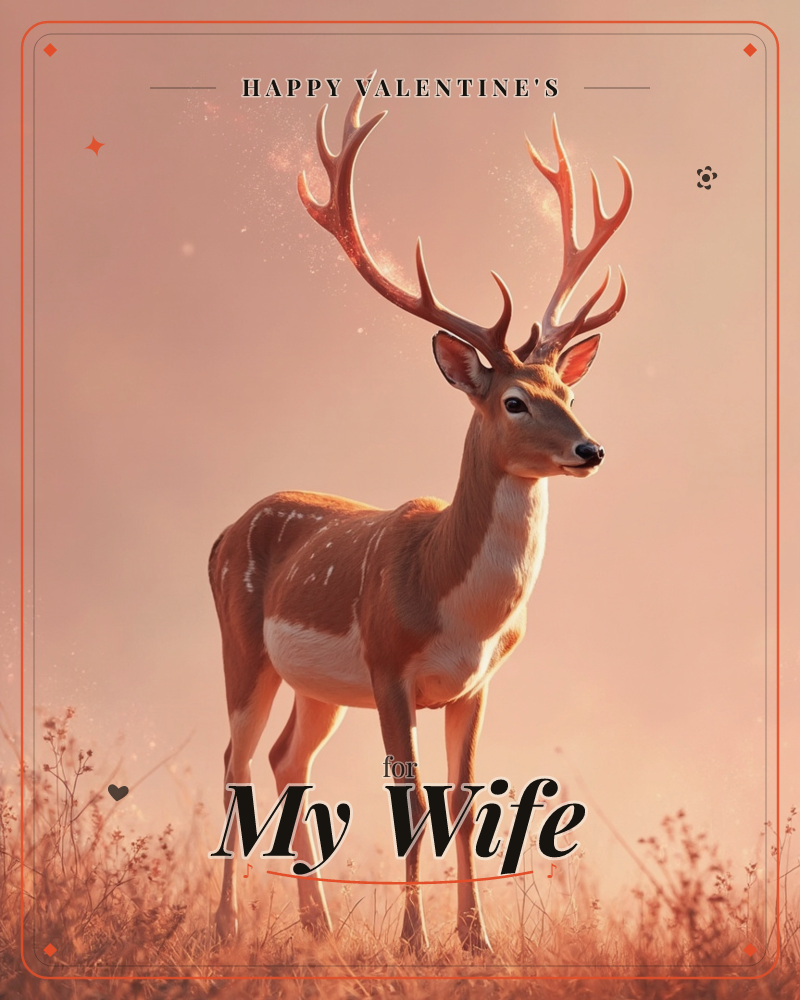 A stag with tall, branching antlers stands alert in a hazy field of dry grasses, its coat washed in soft pink and gold light, a valentine e-card design