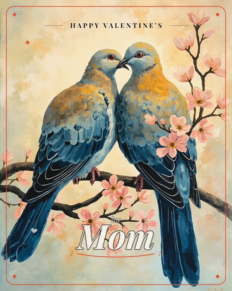 Two doves with soft blue-grey wings and warm golden breasts perch close together on a blossoming branch, their beaks nearly touching, a valentine e-card design
