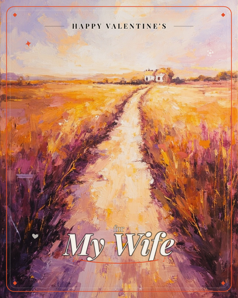 A sunlit dirt track cuts through golden fields toward a small white farmhouse in the distance, painted in loose, energetic strokes of amber and violet, a valentine e-card design