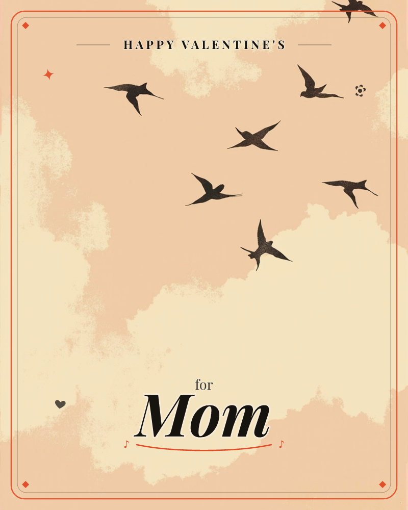 A flock of dark swallows scatters across a peach-toned sky, their forked wings caught mid-flight against textured clouds, a valentine e-card design