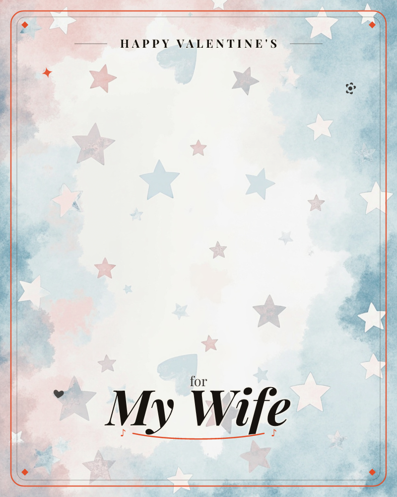 A soft, cloudy wash of blue and dusty pink fills the card, scattered with stars in muted navy, blush, and cream tones, a valentine e-card design