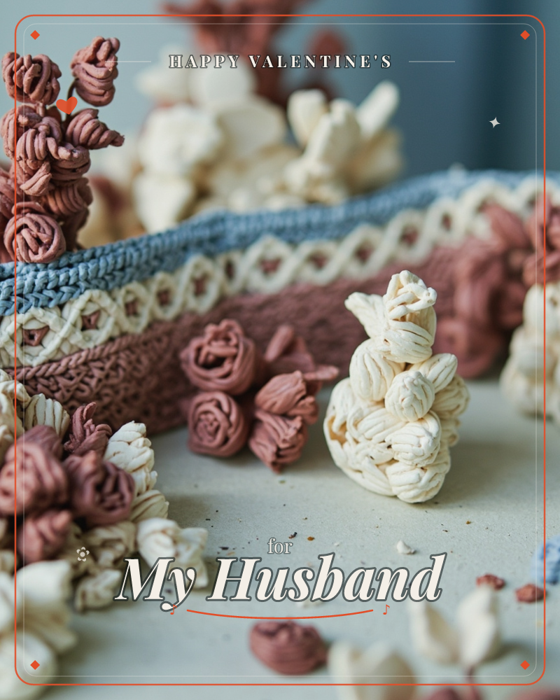 A close-up still life of small handmade rosettes made from twisted cord or ribbon, arranged in dusty pink and cream clusters beside a crocheted basket…, a valentine e-card design