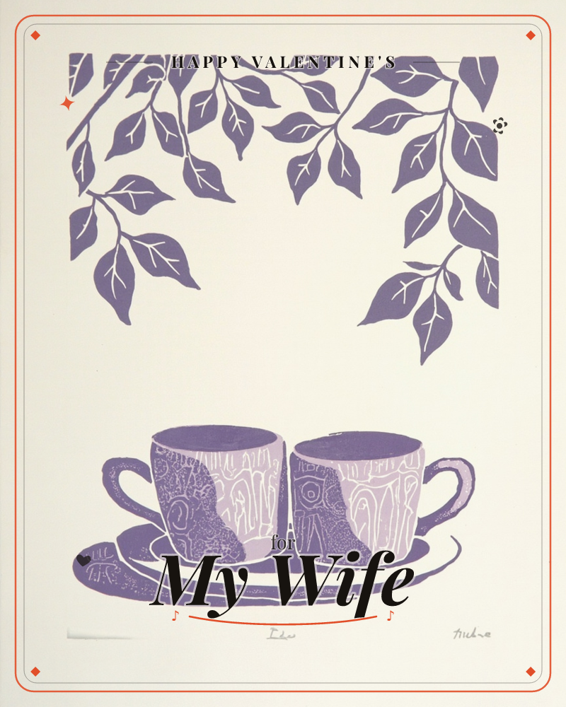 A linocut print in a single dusty purple tone shows two patterned mugs sitting close together on one shared saucer, leafy branches trailing down from…, a valentine e-card design