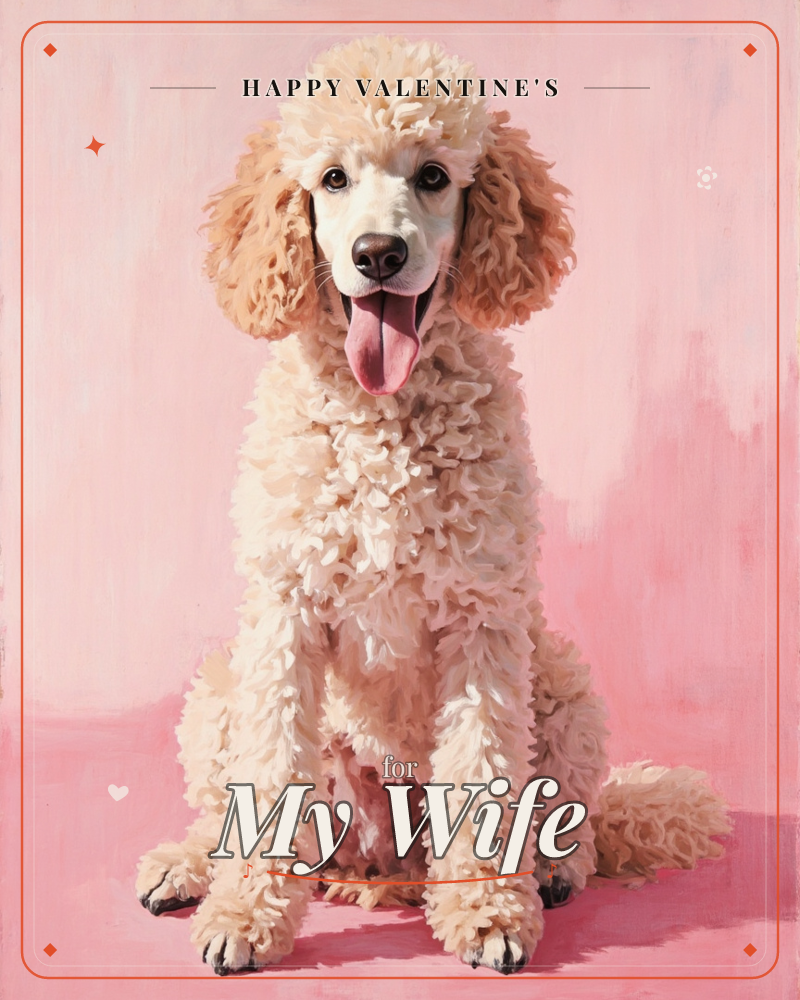 A cream-coloured poodle sits upright against a painterly pink backdrop, mouth open in a happy pant, curls rendered in soft dabs of white and apricot, a valentine e-card design