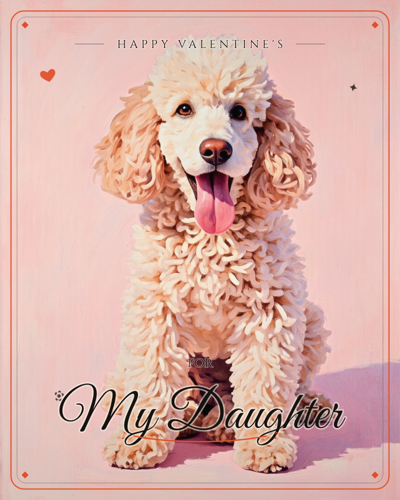 A cream-coated curly poodle sits front and centre against a soft pink backdrop, mouth open in a happy pant with tongue lolling out, a valentine e-card design