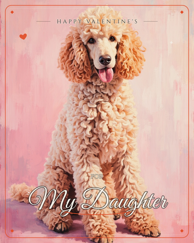 An apricot poodle sits front and center against a brushy pink backdrop, tongue out and curls piled up like soft meringue, a valentine e-card design