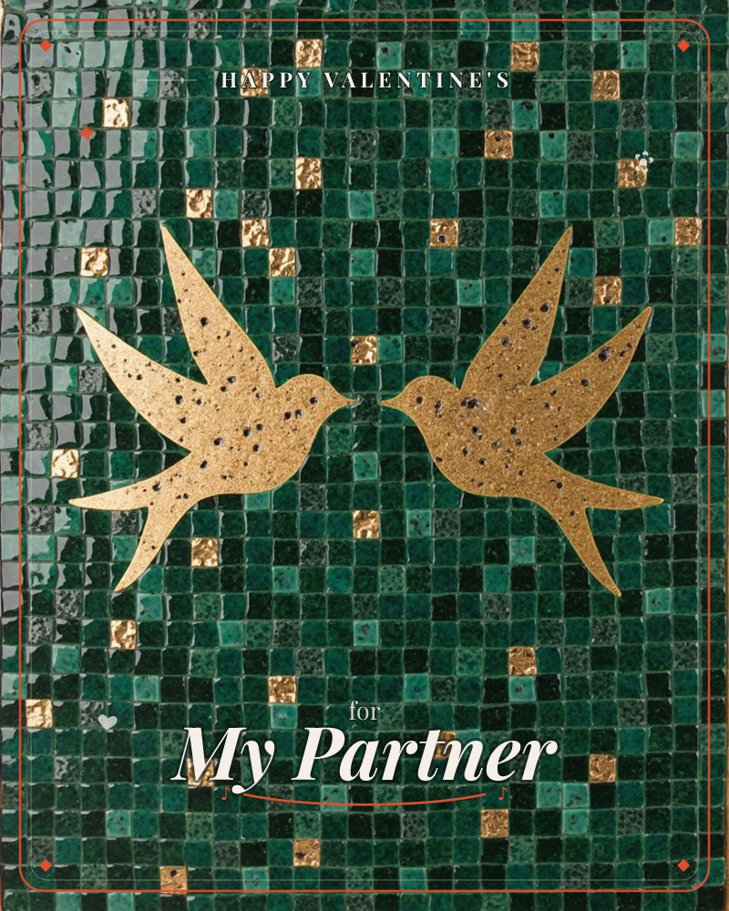 Two gold swallow silhouettes face each other beak to beak against a mosaic of small emerald and gold tiles, a valentine e-card design