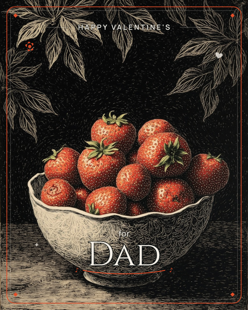 A scratchboard-style still life shows a fluted white bowl heaped with plump red strawberries, sitting against a deep black background etched with pale…, a valentine e-card design